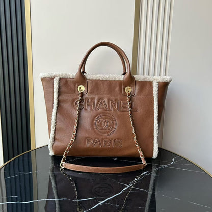 Chanel Lambskin Shearling Medium Deauville Tote Brown
