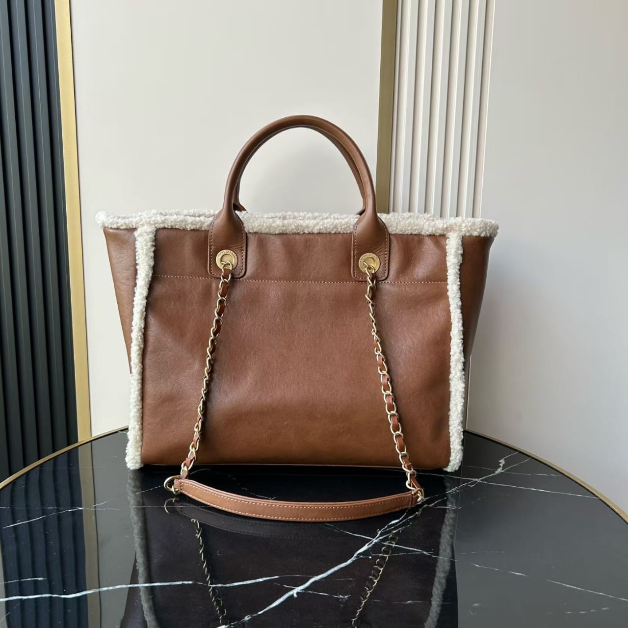 Chanel Lambskin Shearling Medium Deauville Tote Brown