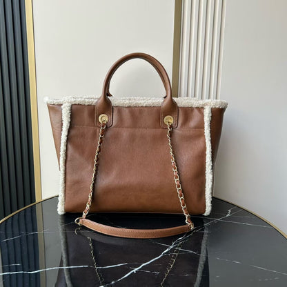 Chanel Lambskin Shearling Medium Deauville Tote Brown