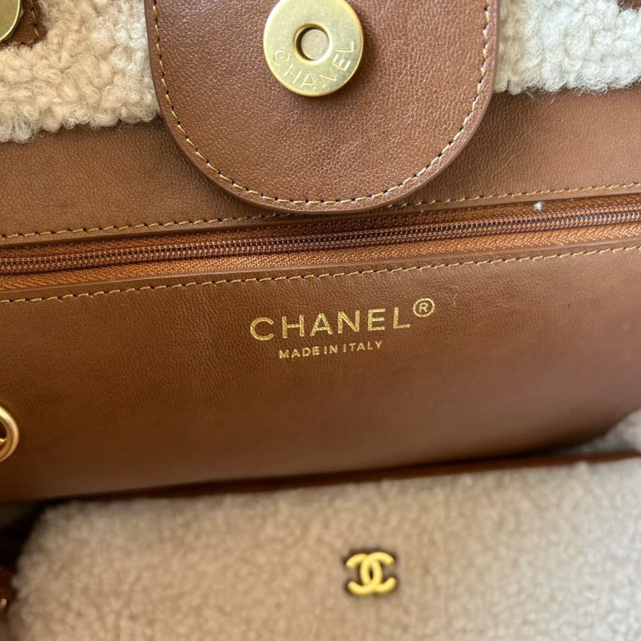 Chanel Lambskin Shearling Medium Deauville Tote Brown