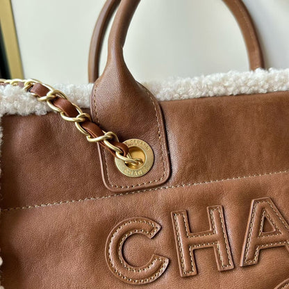 Chanel Lambskin Shearling Medium Deauville Tote Brown