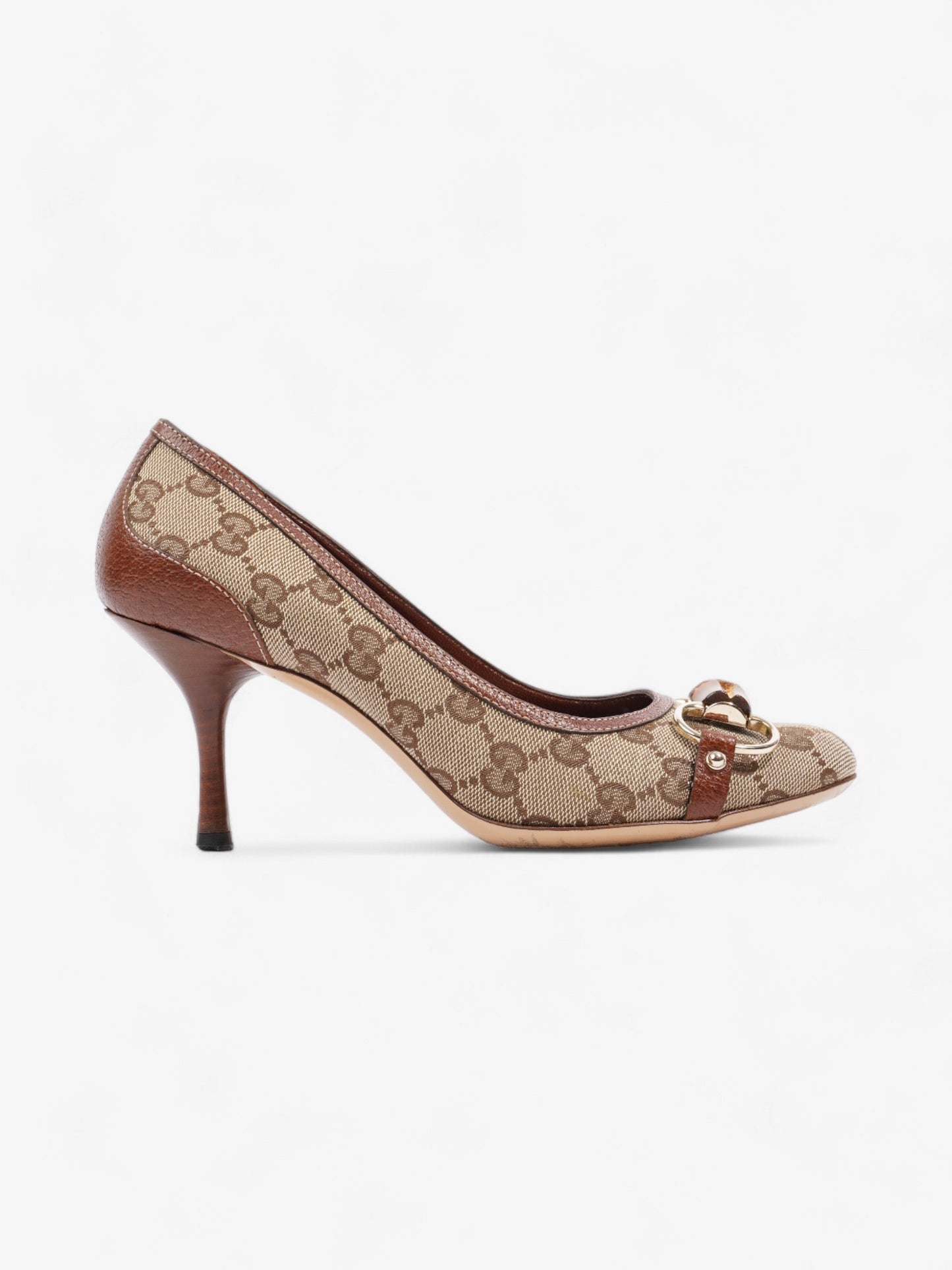Gucci GG Bamboo Horsebit Heels 65mm GG Supreme / Brown Cotton EU 37 UK 4