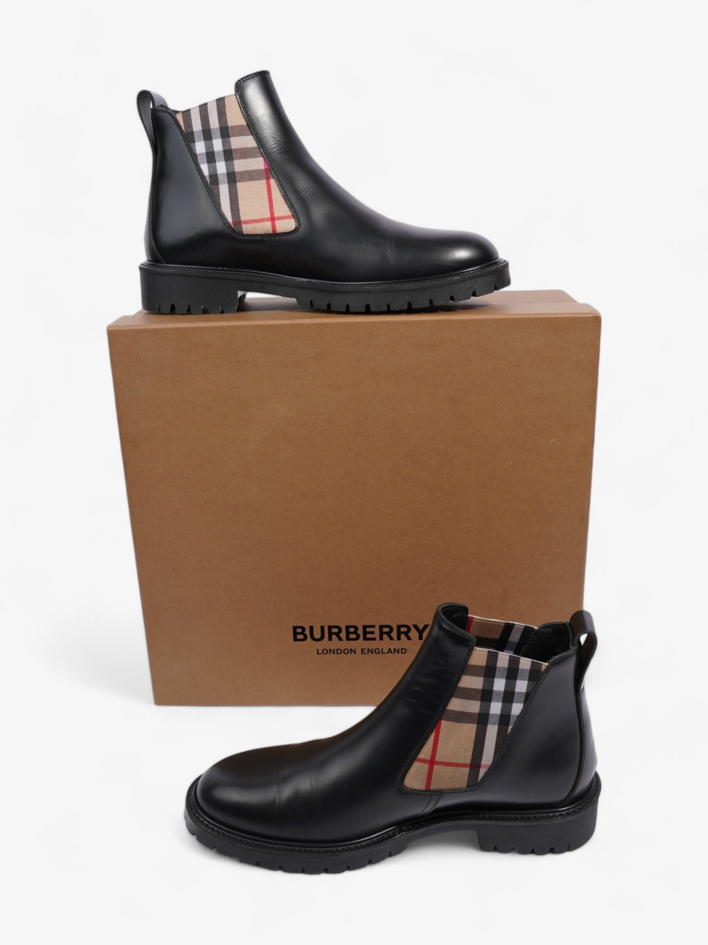 Burberry Allostock Chelsea Boots Black / Beige Checkered Leather EU 41.5 UK 8.5