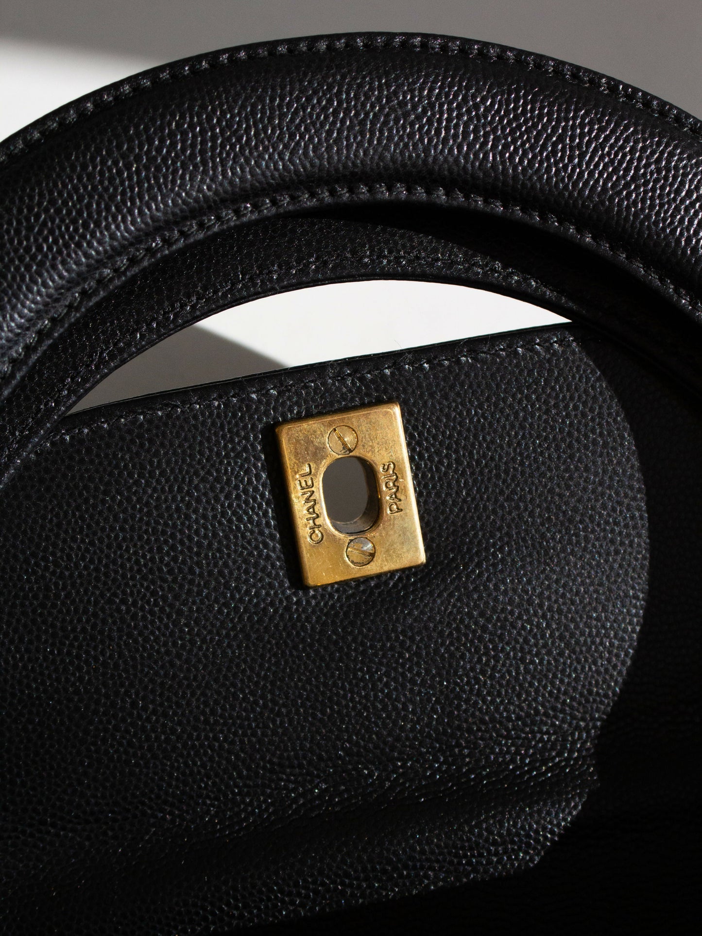 Chanel Vintage 1998 Kelly Black Caviar Leather 24K Gold Top Handle Bag