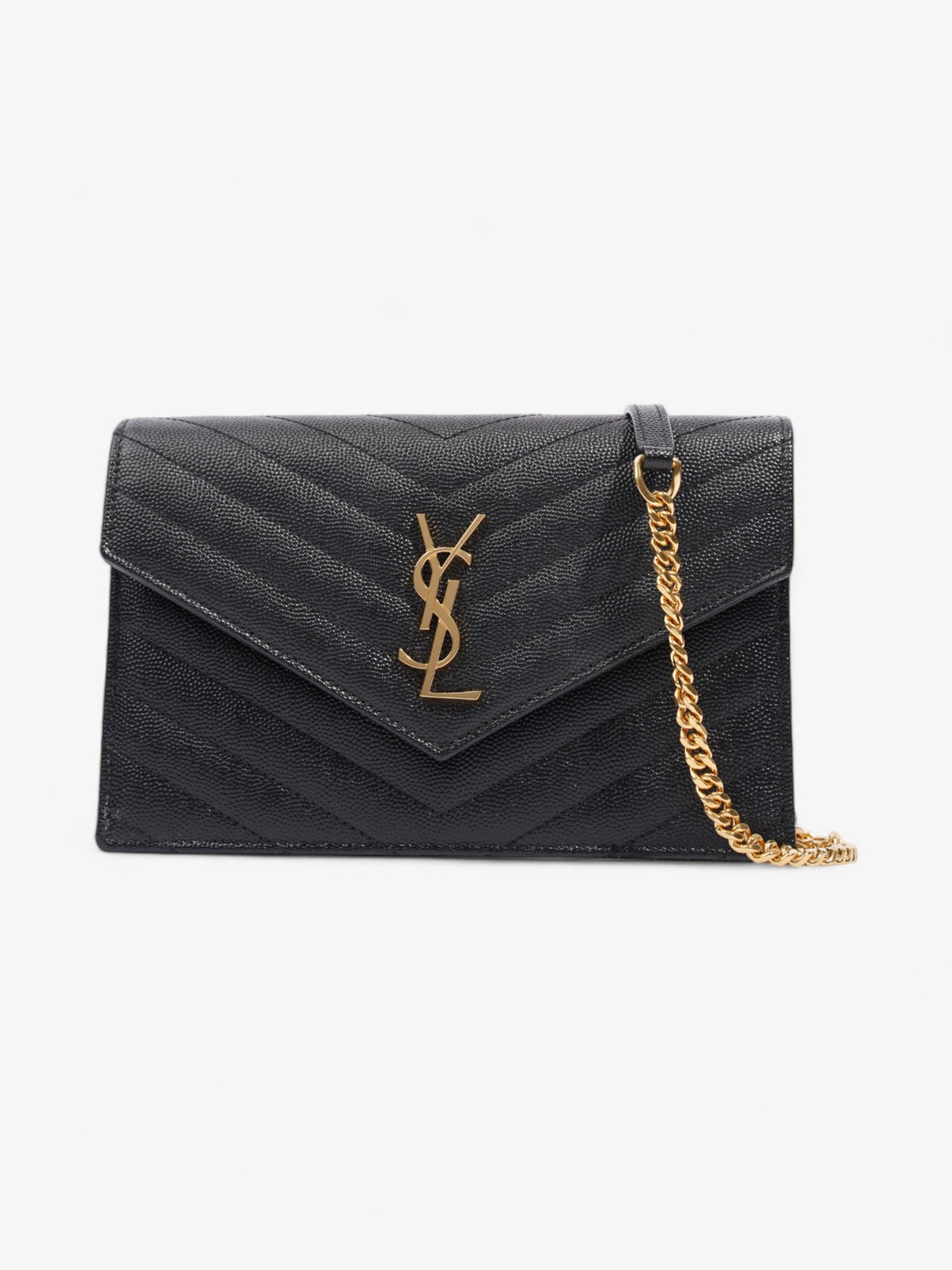 Saint Laurent Cassandre Envelope Chain Wallet Black Grained Leather