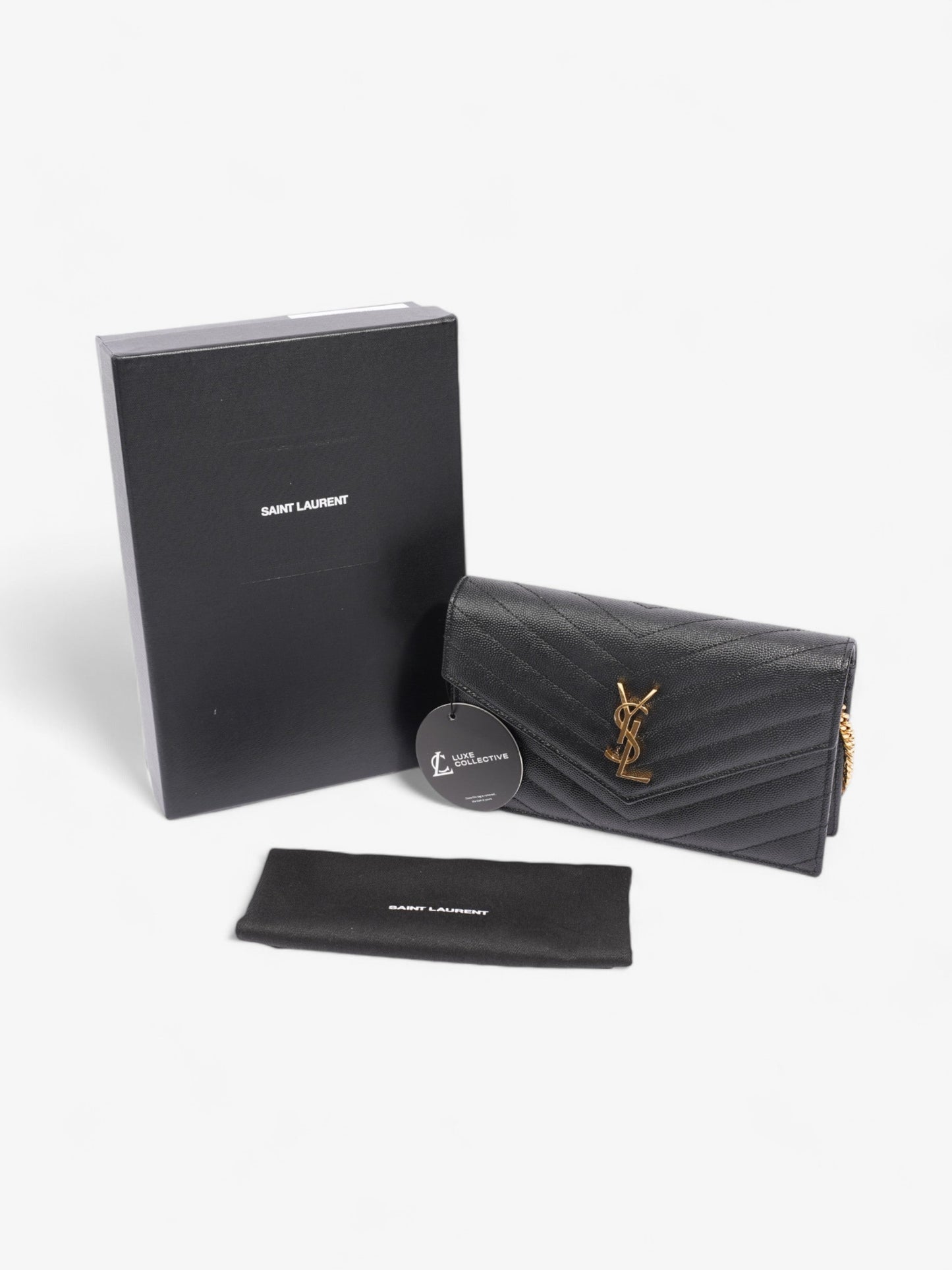 Saint Laurent Cassandre Envelope Chain Wallet Black Grained Leather