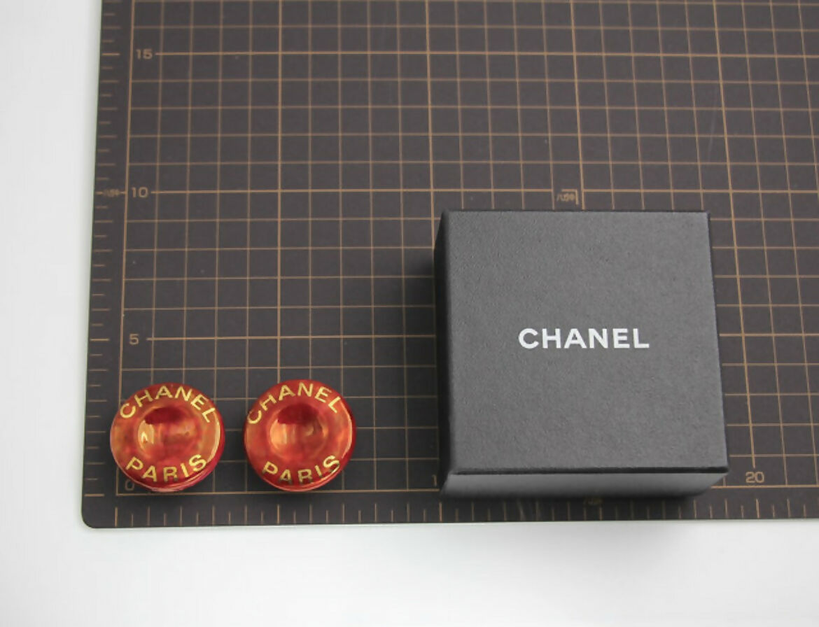 Chanel Vintage 97P Resin Big Red ‘CHANEL’ Round Gold-plated Clip-on Earrings