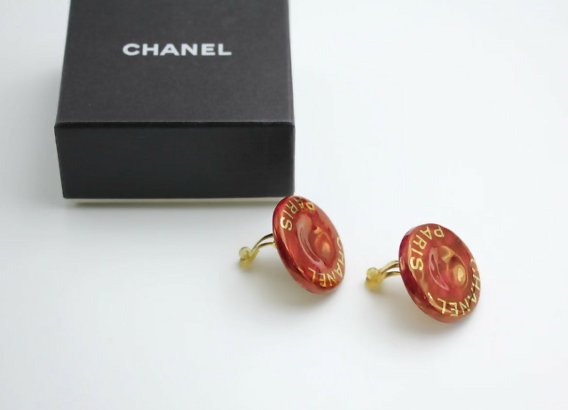 Chanel Vintage 97P Resin Big Red ‘CHANEL’ Round Gold-plated Clip-on Earrings