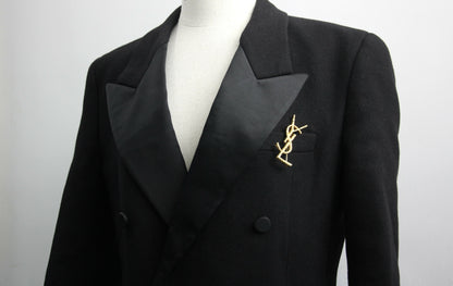 Saint Laurent Black Tuxedo Coat In Grain De Poudre + Saint Laurent YSL Logo Twisted Stripe Texture Brooch