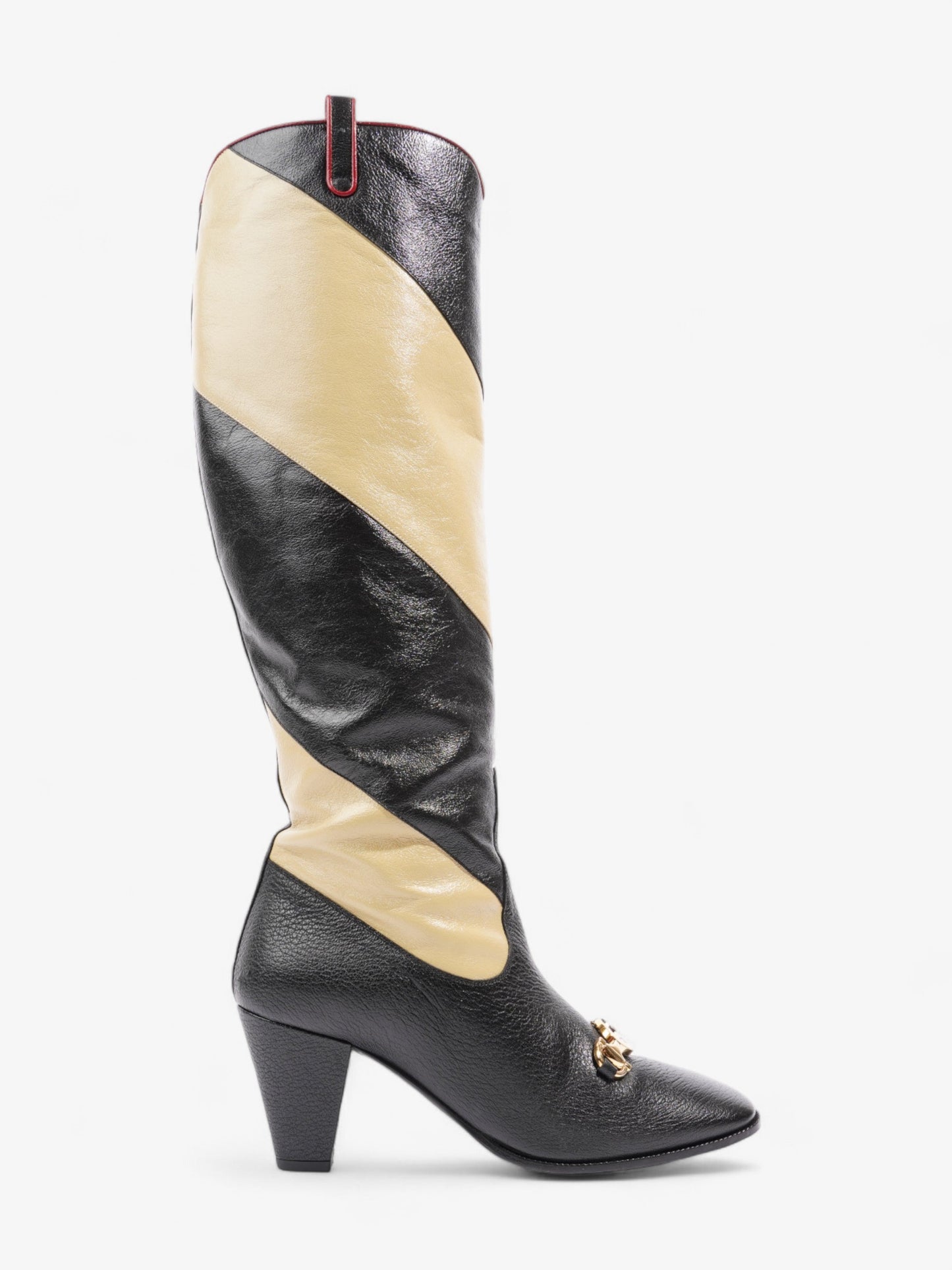 Gucci Diagonal Striped Zumi Knee Boots 60mm Black / Beige / Red Leather EU 37.5 UK 4.5