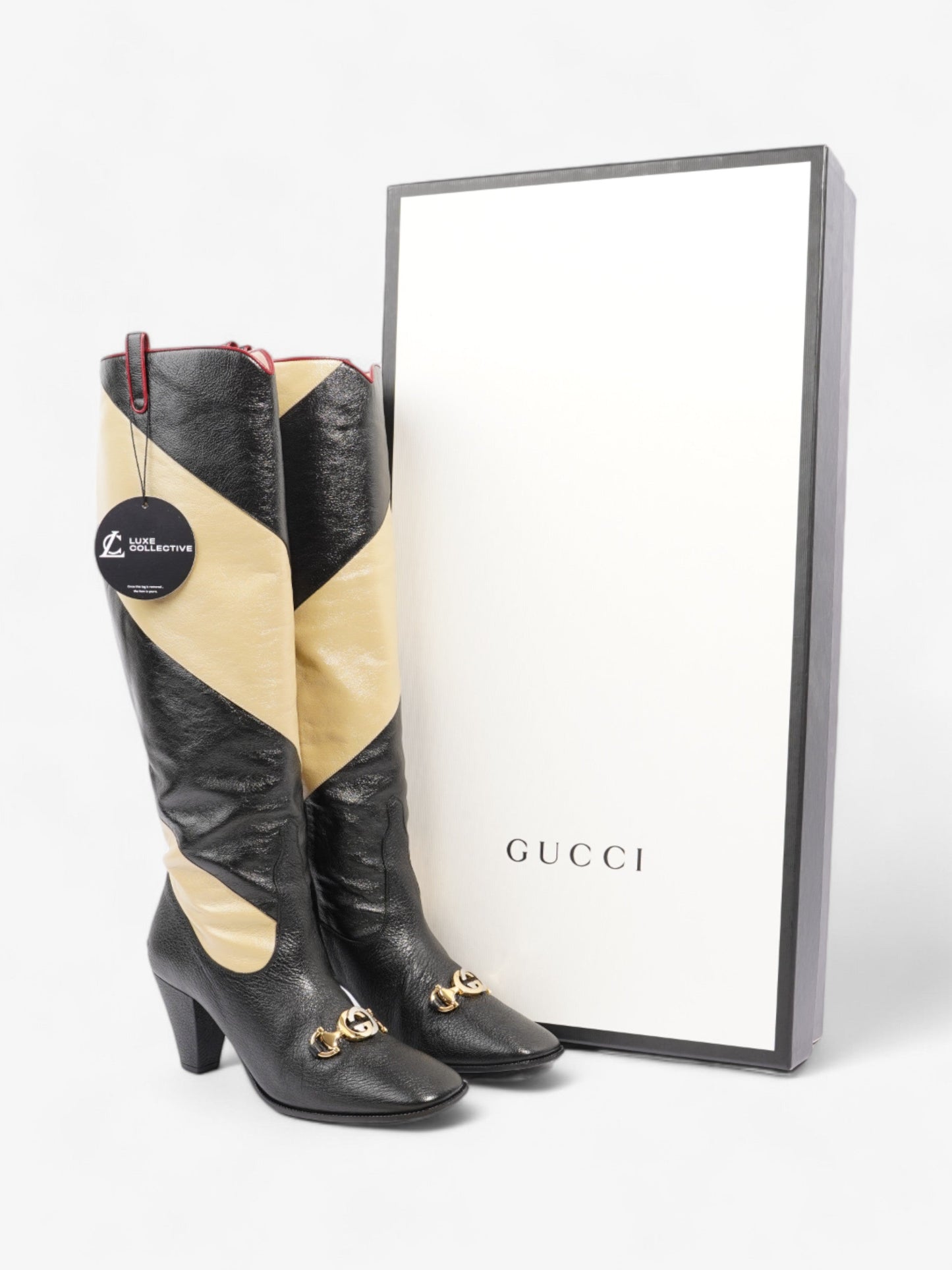 Gucci Diagonal Striped Zumi Knee Boots 60mm Black / Beige / Red Leather EU 37.5 UK 4.5