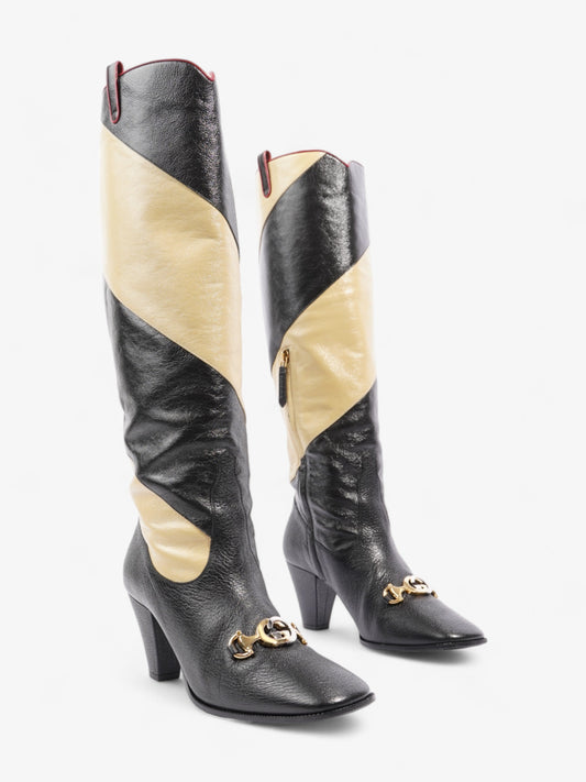 Gucci Diagonal Striped Zumi Knee Boots 60mm Black / Beige / Red Leather EU 37.5 UK 4.5