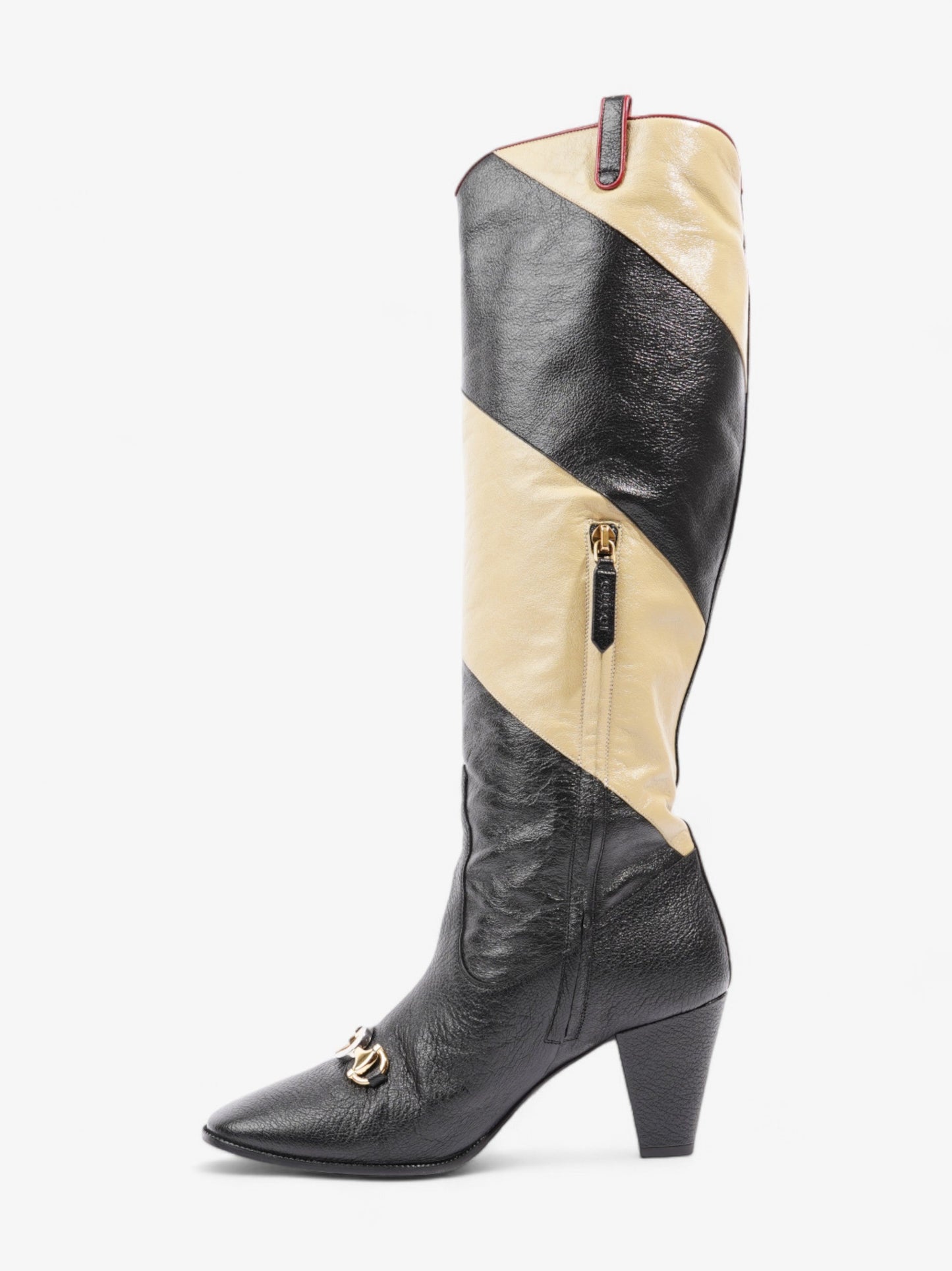 Gucci Diagonal Striped Zumi Knee Boots 60mm Black / Beige / Red Leather EU 37.5 UK 4.5