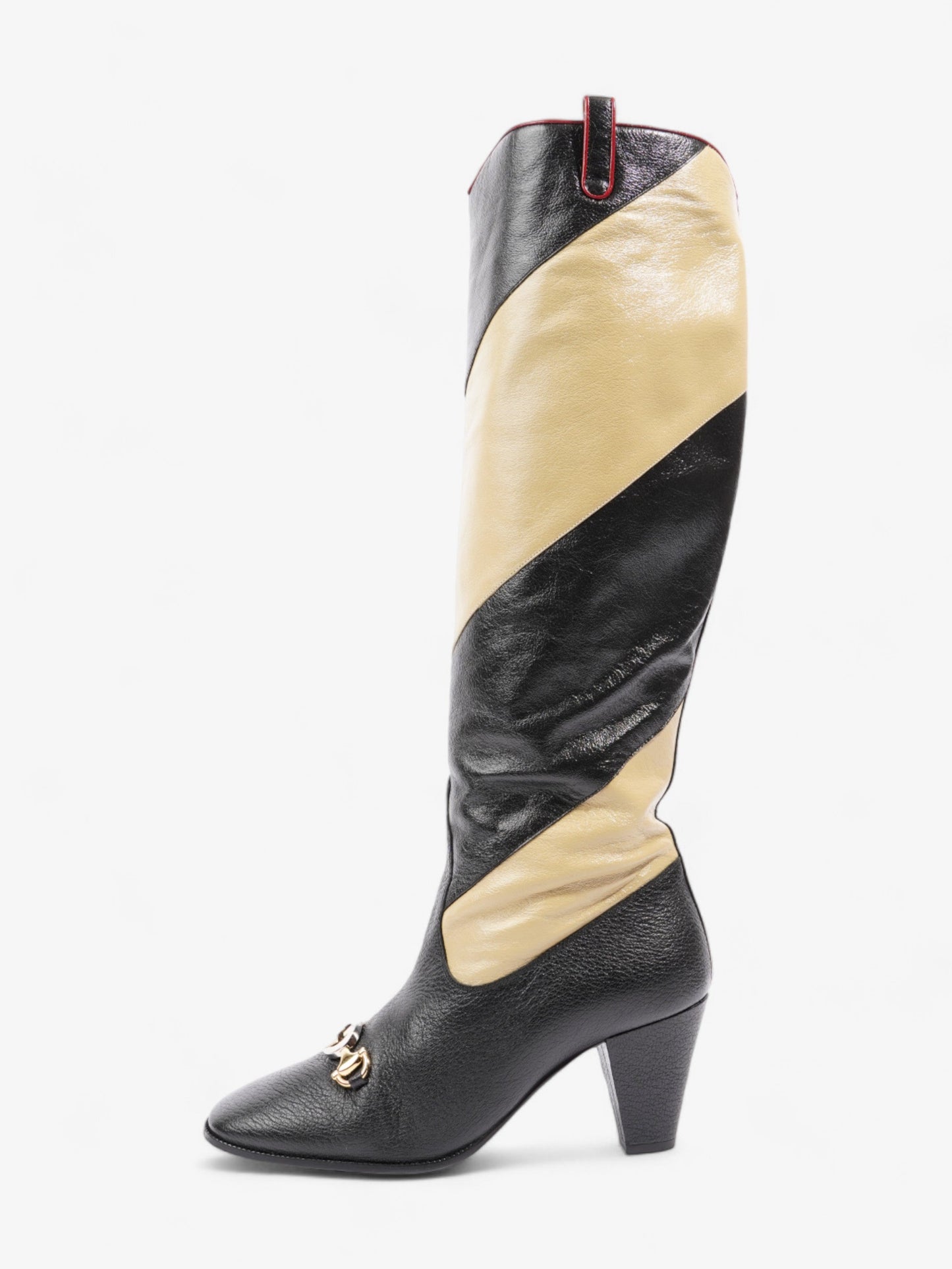 Gucci Diagonal Striped Zumi Knee Boots 60mm Black / Beige / Red Leather EU 37.5 UK 4.5