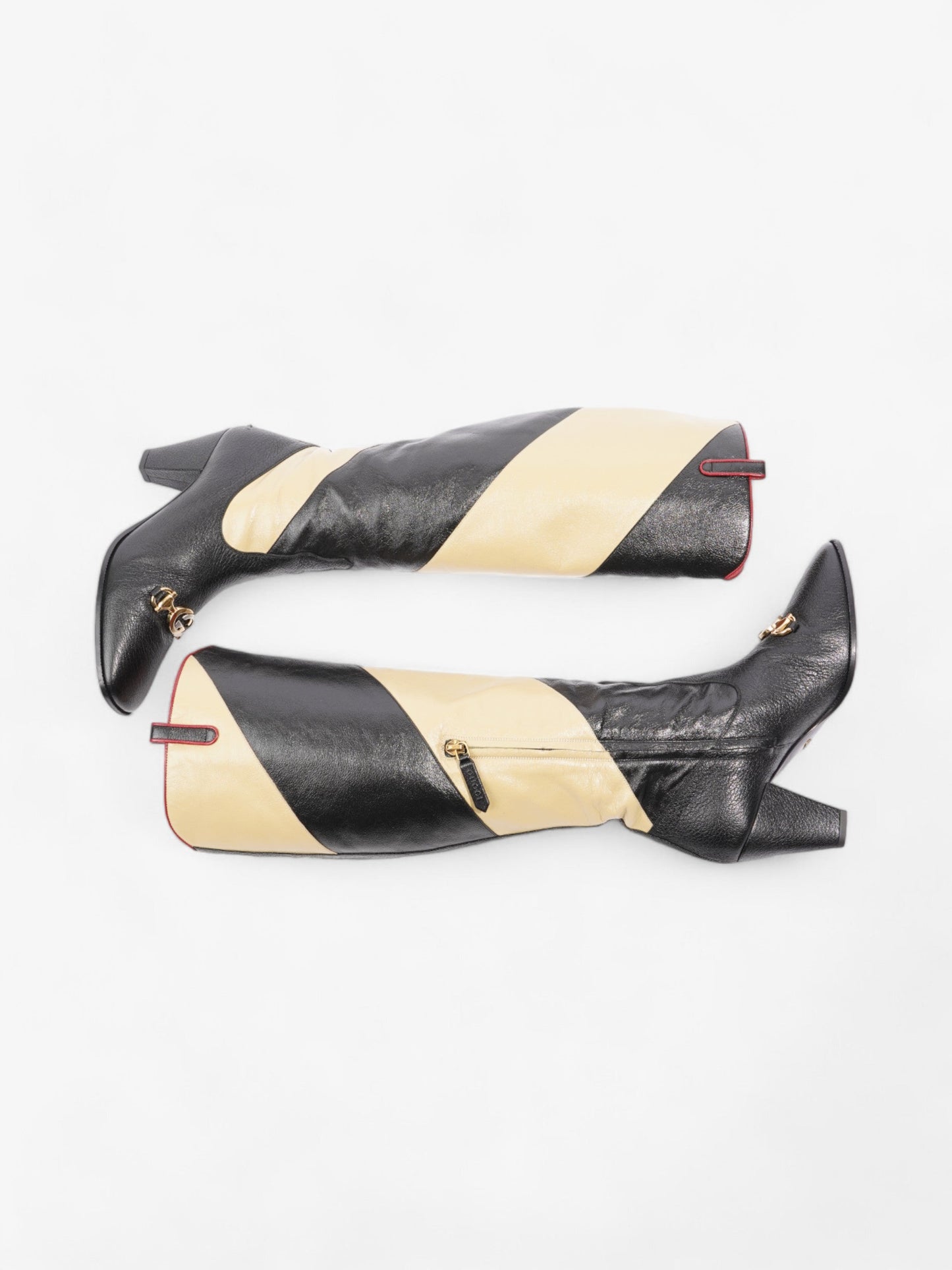 Gucci Diagonal Striped Zumi Knee Boots 60mm Black / Beige / Red Leather EU 37.5 UK 4.5