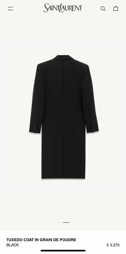 Saint Laurent Black Tuxedo Coat In Grain De Poudre + Saint Laurent YSL Logo Twisted Stripe Texture Brooch