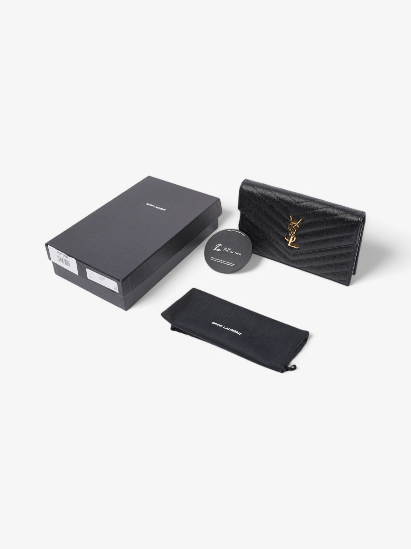 Saint Laurent Cassandre Envelope Chain Wallet Black Grained Leather