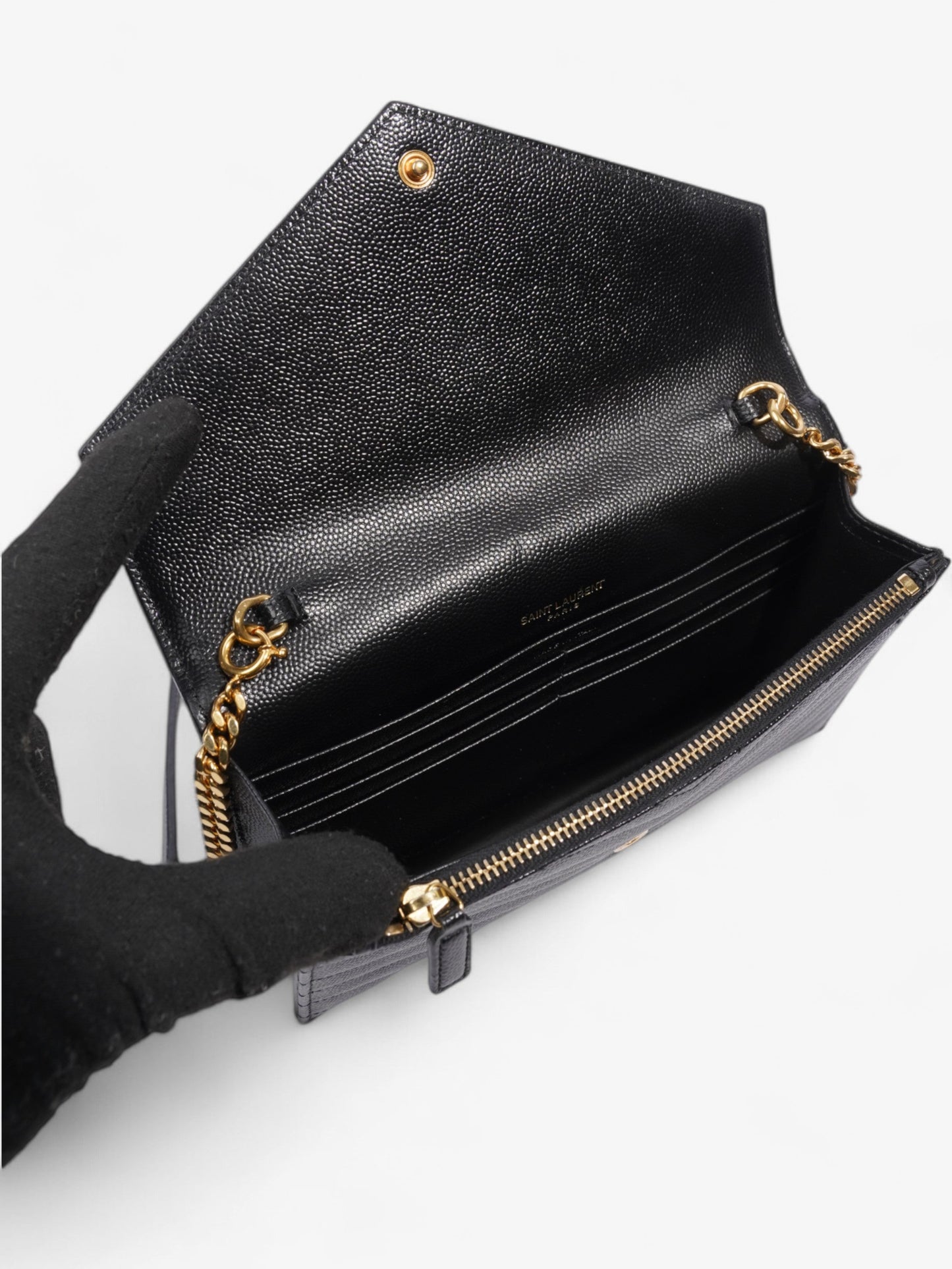 Saint Laurent Cassandre Envelope Chain Wallet Black Grained Leather