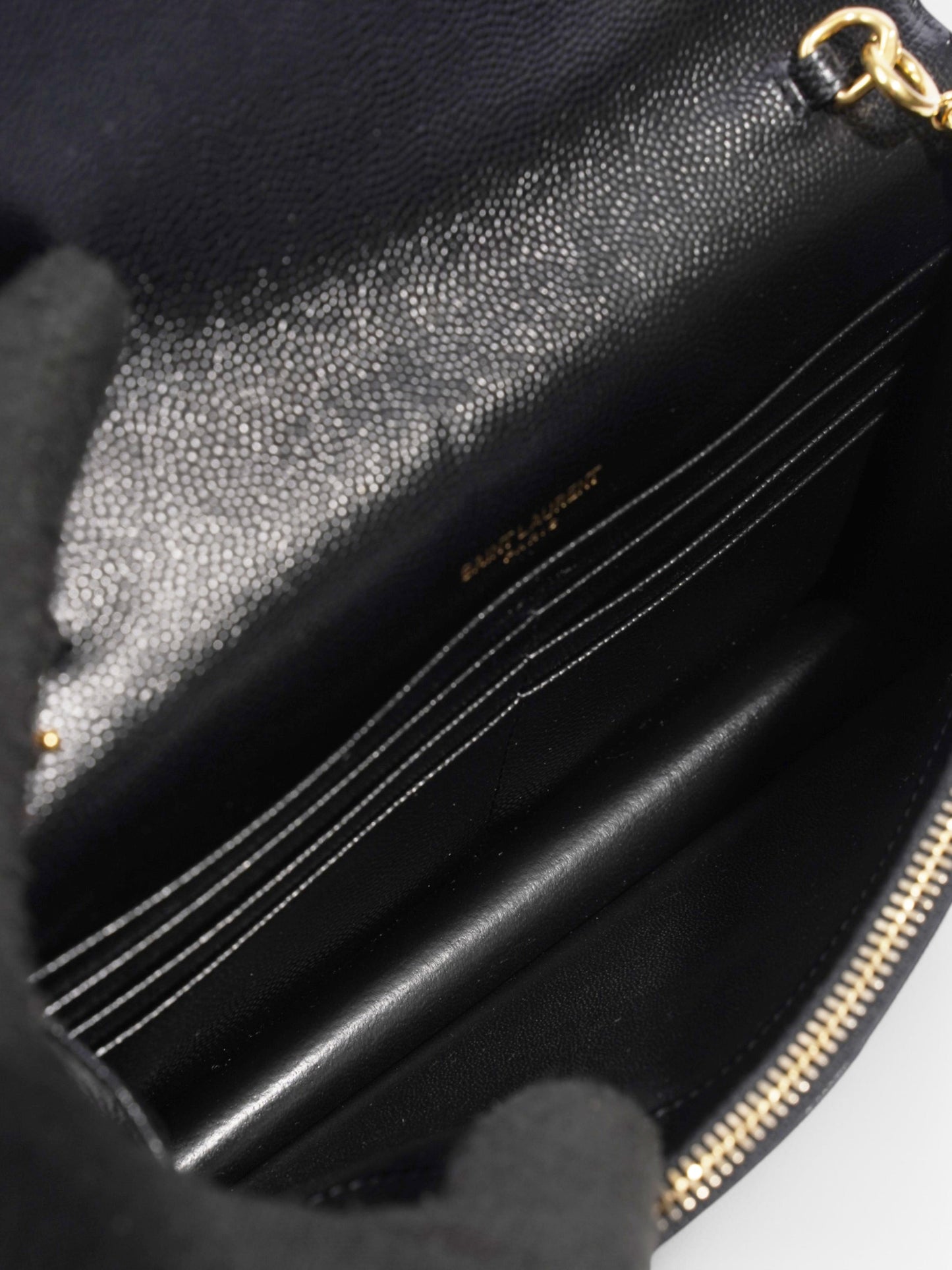 Saint Laurent Cassandre Envelope Chain Wallet Black Grained Leather