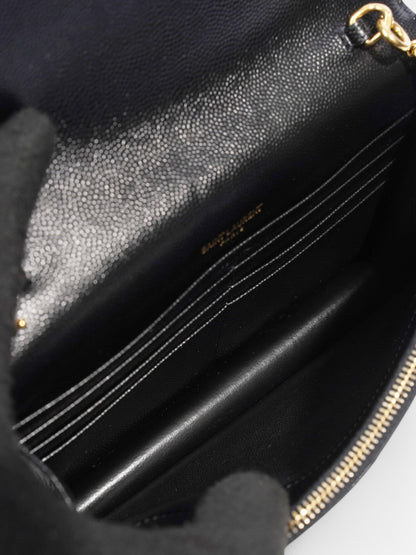 Saint Laurent Cassandre Envelope Chain Wallet Black Grained Leather