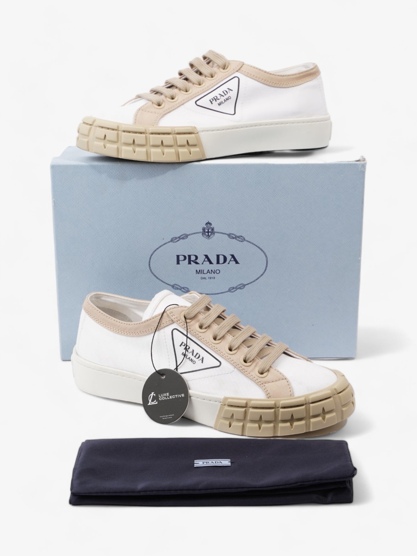 Prada Gabardine Triangle White / Beige Canvas EU 39.5 UK 6.5