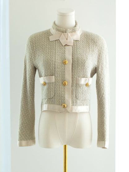 Chanel Vintage S/S1990 Seafood Green Cream Satin Bow Tweed Cropped Jacket