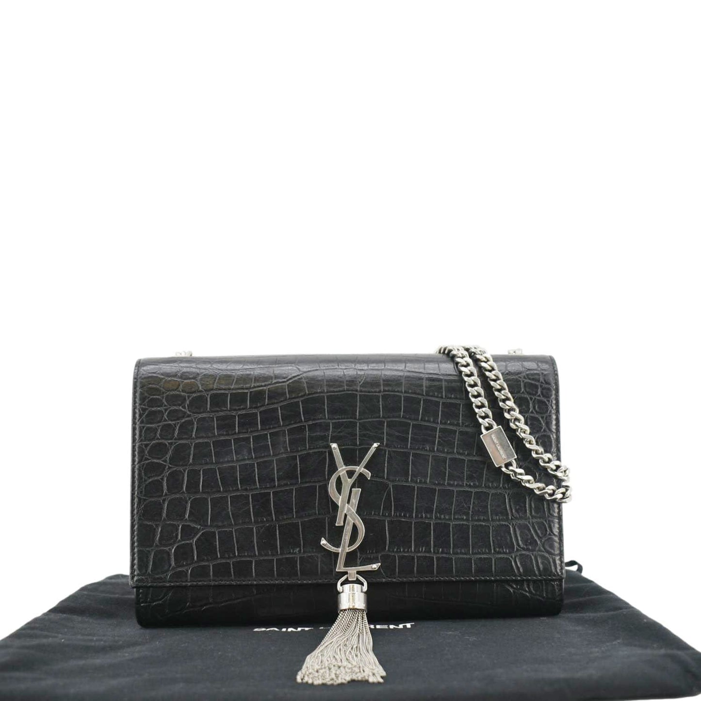 YVES SAINT LAURENT Kate Tassel Medium Crocodile Embossed Leather Crossbody Bag Black