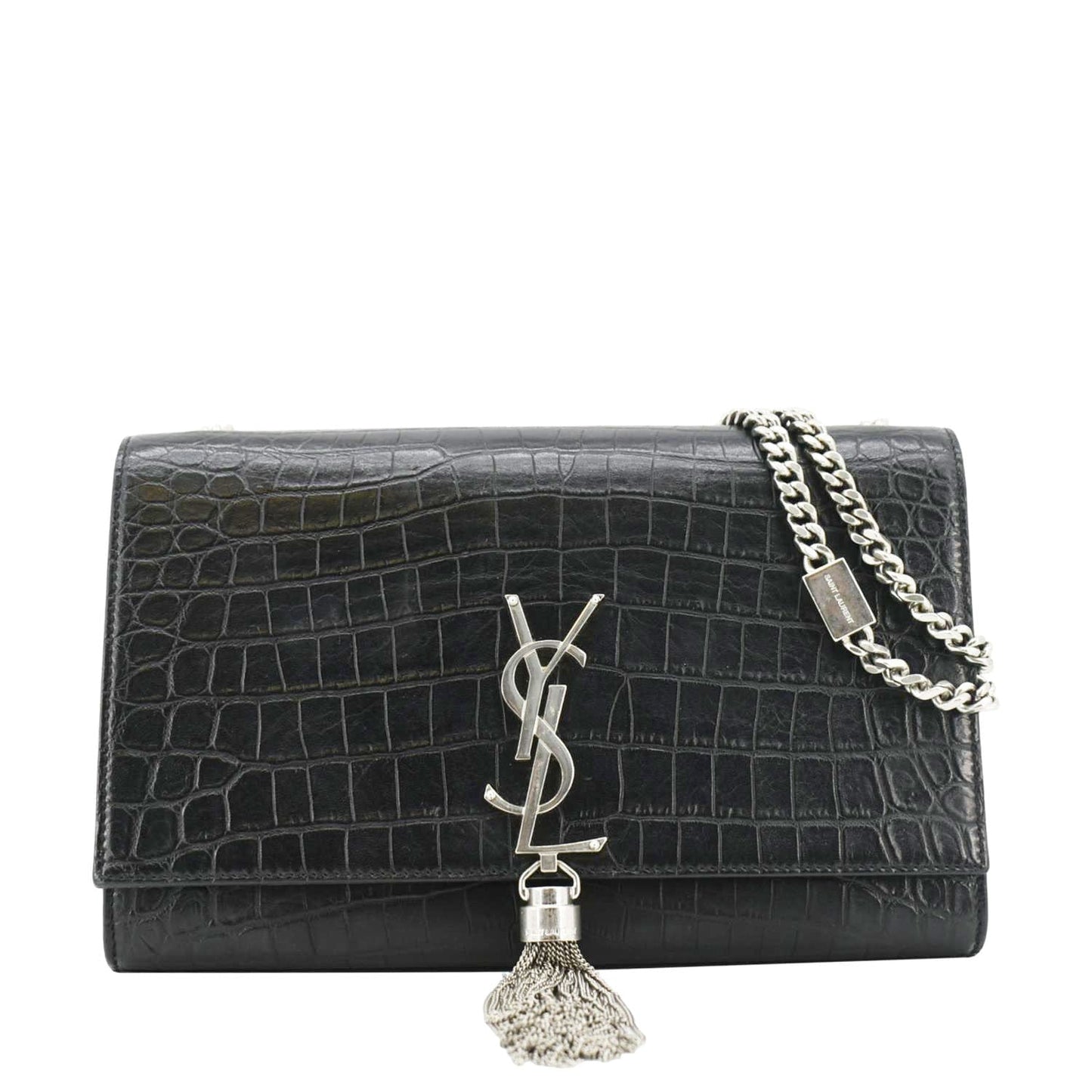 YVES SAINT LAURENT Kate Tassel Medium Crocodile Embossed Leather Crossbody Bag Black