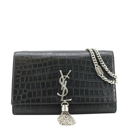 YVES SAINT LAURENT Kate Tassel Medium Crocodile Embossed Leather Crossbody Bag Black