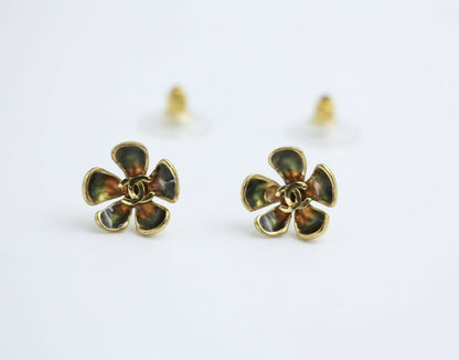 Chanel Vintage 03P Gold-plated Emerald Green and Red Flower Stud Earrings