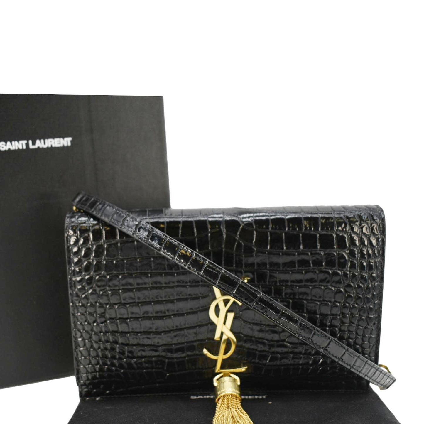 YVES SAINT LAURENT Kate Tassel Crocodile Embossed Leather Crossbody Bag Black