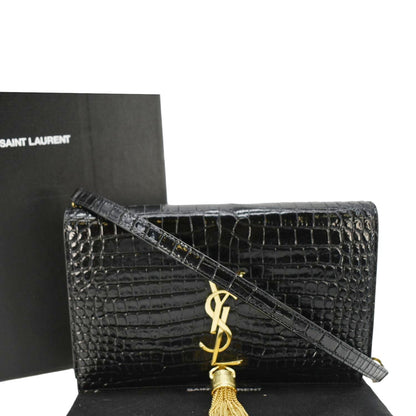YVES SAINT LAURENT Kate Tassel Crocodile Embossed Leather Crossbody Bag Black