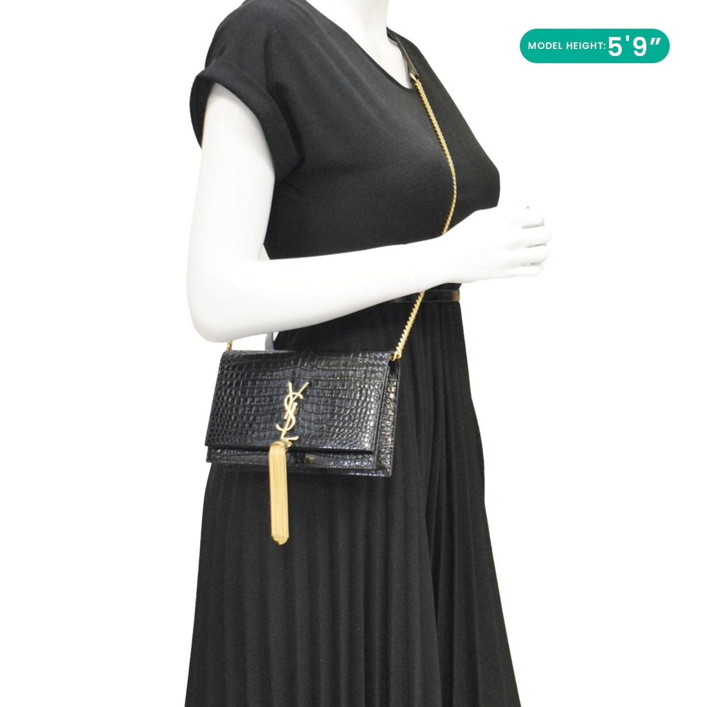 YVES SAINT LAURENT Kate Tassel Crocodile Embossed Leather Crossbody Bag Black