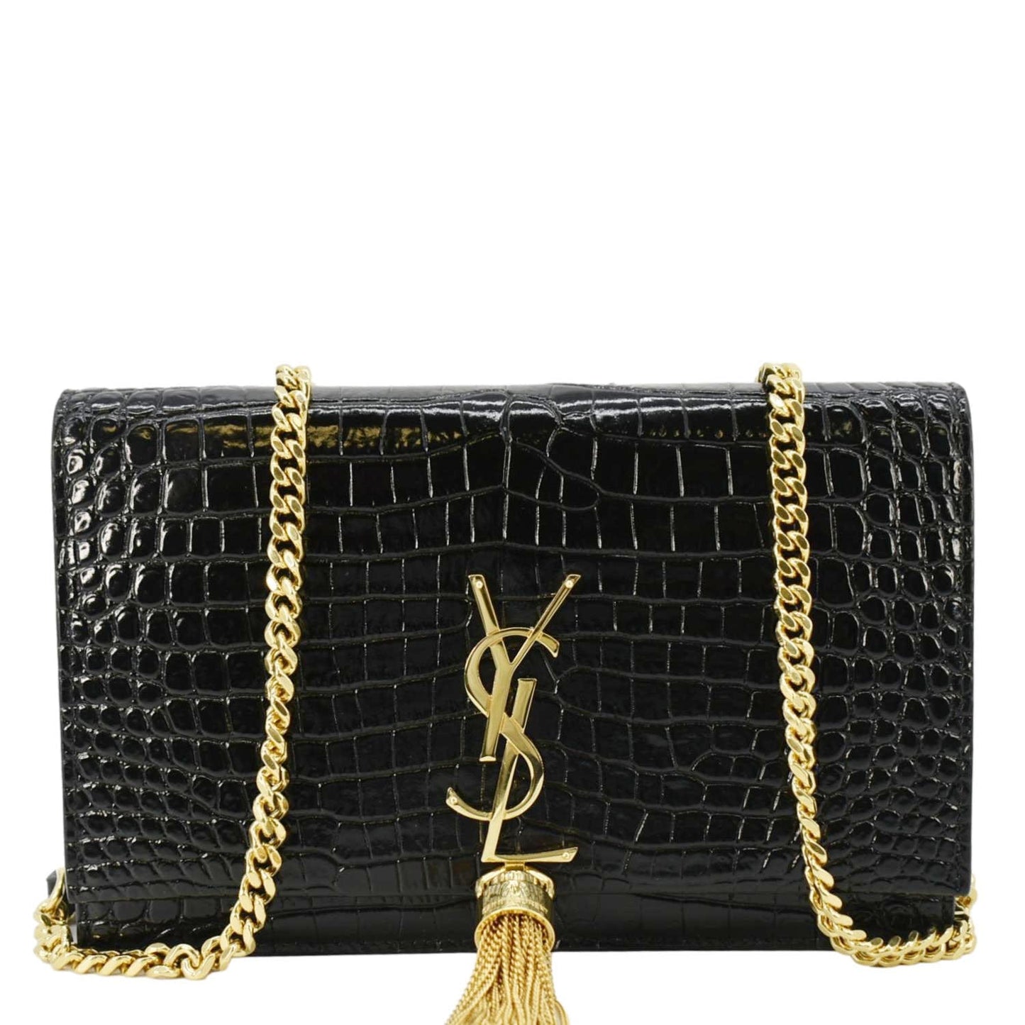 YVES SAINT LAURENT Kate Tassel Crocodile Embossed Leather Crossbody Bag Black