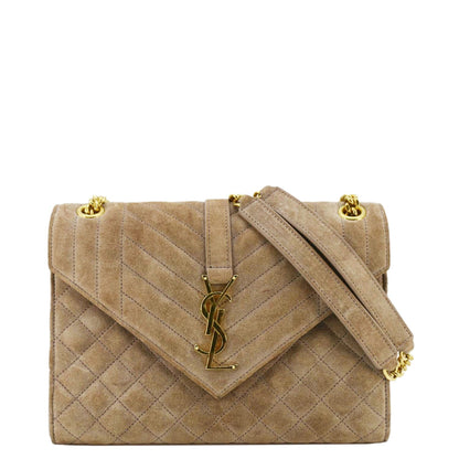 YVES SAINT LAURENT Medium Envelope Matelasse Suede Crossbody Bag Beige