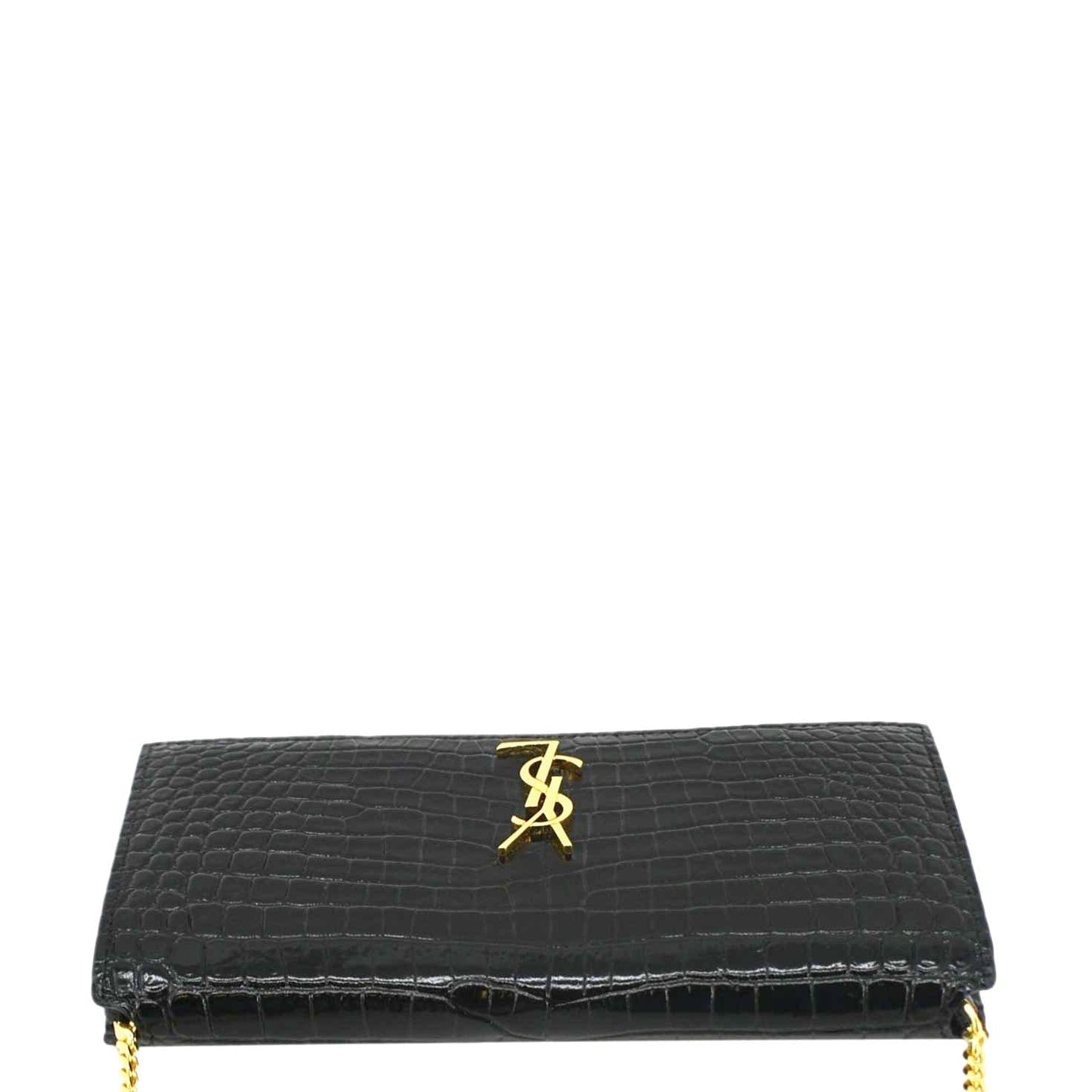YVES SAINT LAURENT Monogram Crocodile Embossed Leather Phone Holder Black