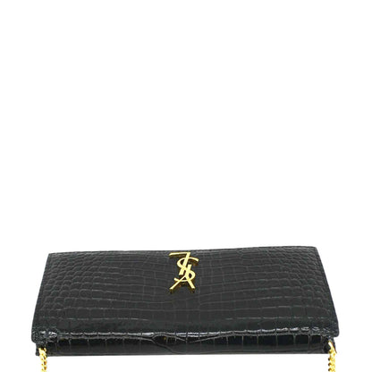 YVES SAINT LAURENT Monogram Crocodile Embossed Leather Phone Holder Black