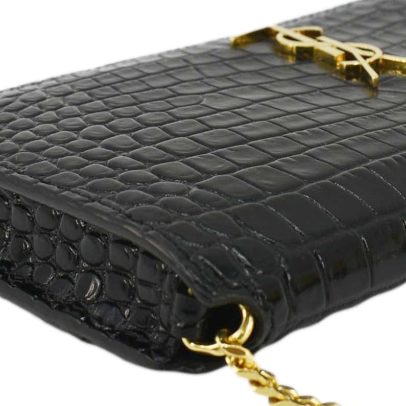 YVES SAINT LAURENT Monogram Crocodile Embossed Leather Phone Holder Black