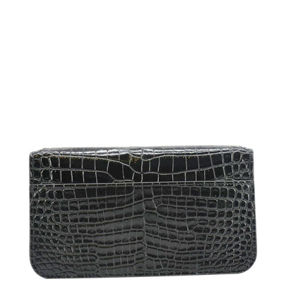 YVES SAINT LAURENT Monogram Crocodile Embossed Leather Phone Holder Black