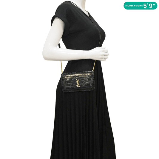 YVES SAINT LAURENT Monogram Crocodile Embossed Leather Phone Holder Black