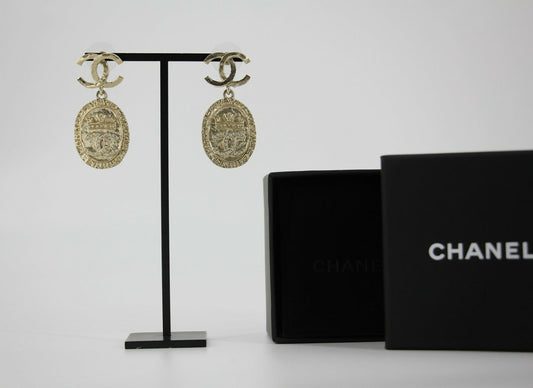 Chanel F21A Rhinestone CC Crown Dangle Stud Earrings