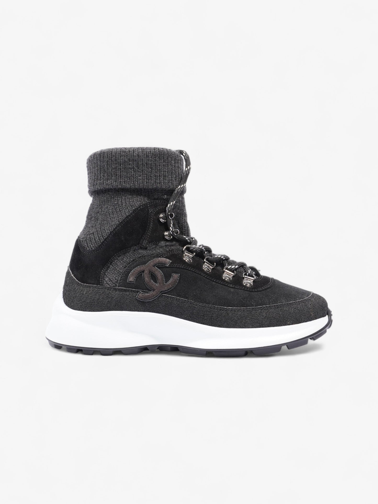 Chanel Interlocking CC Logo High Top Sneaker Black / Dark Grey Knit EU 38 UK 5