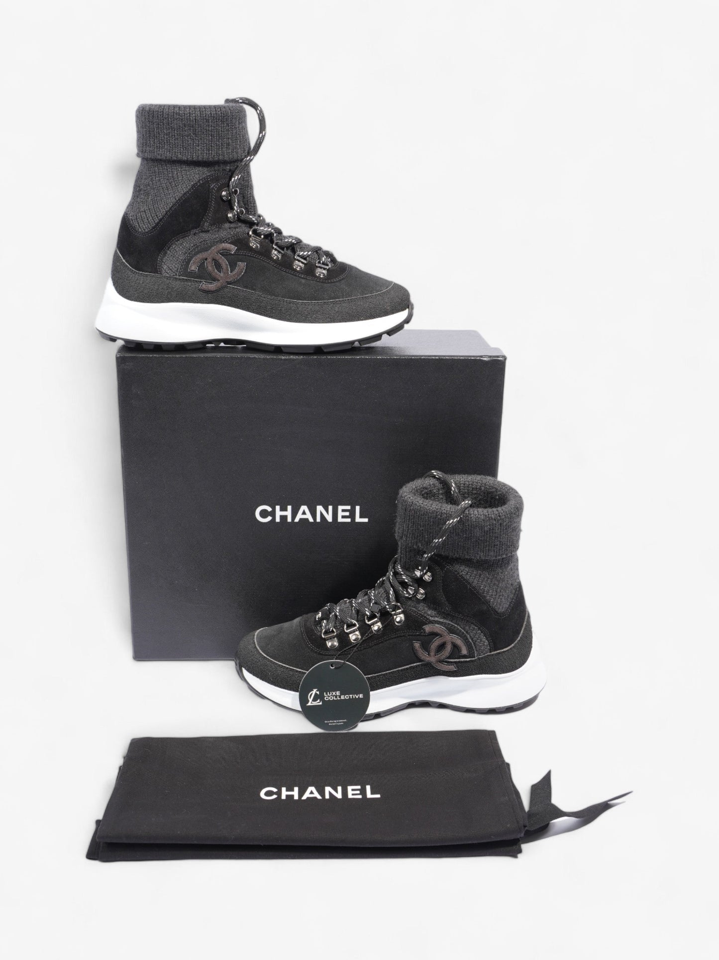 Chanel Interlocking CC Logo High Top Sneaker Black / Dark Grey Knit EU 38 UK 5