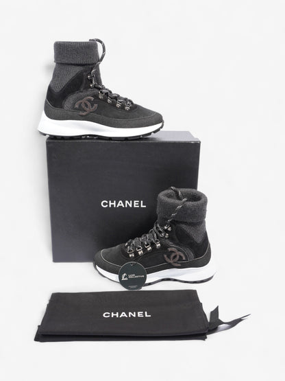 Chanel Interlocking CC Logo High Top Sneaker Black / Dark Grey Knit EU 38 UK 5