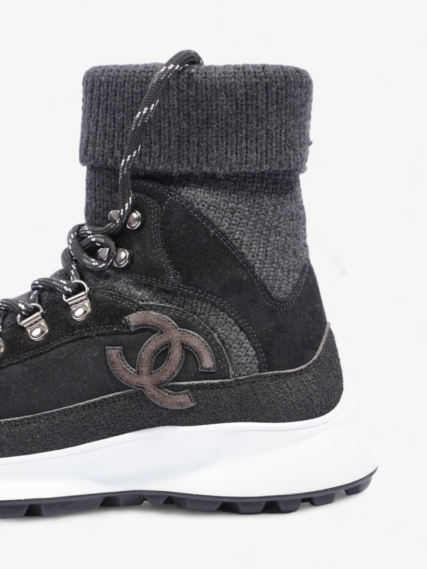 Chanel Interlocking CC Logo High Top Sneaker Black / Dark Grey Knit EU 38 UK 5