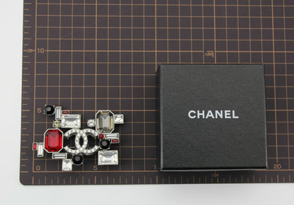 Chanel Vintage 05P Rhinestone Geometric Black And Red Silver Tone Brooch