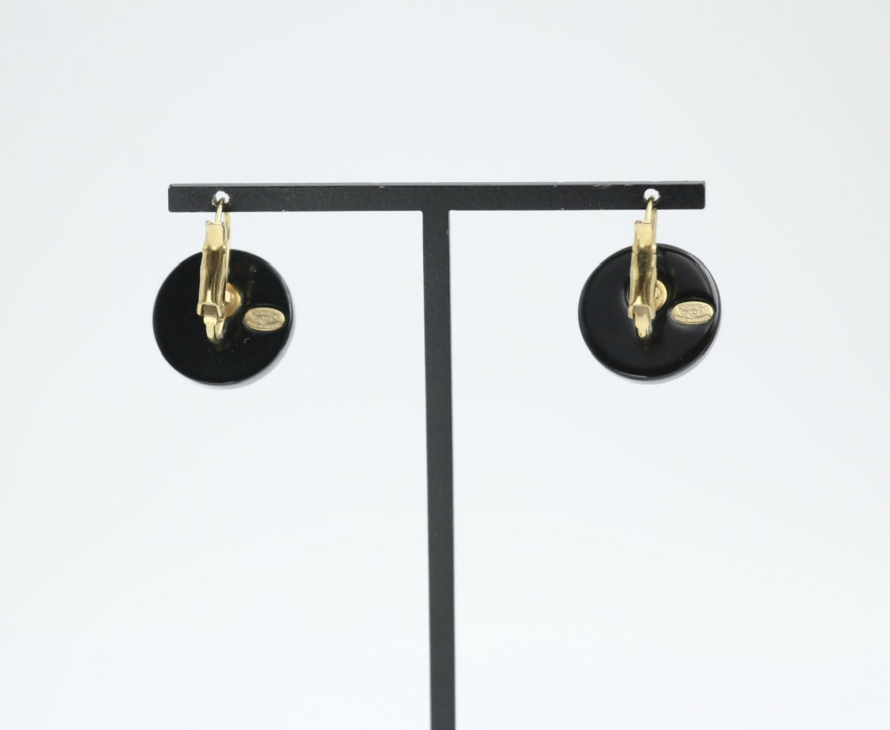Chanel Vintage 03P Resin Black and White Camellia Button Hoop Earrings