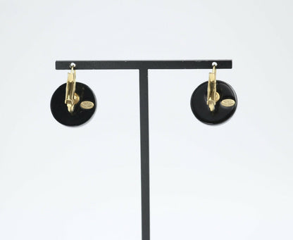 Chanel Vintage 03P Resin Black and White Camellia Button Hoop Earrings