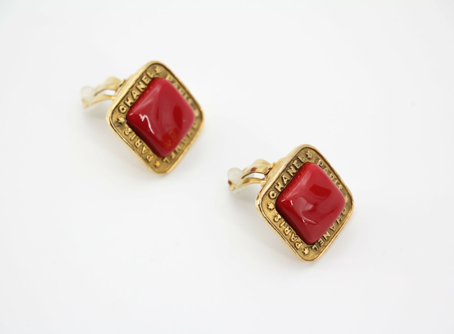 Chanel Vintage 1886-92 Gold-plated Large Red Square Clip-on Earrings