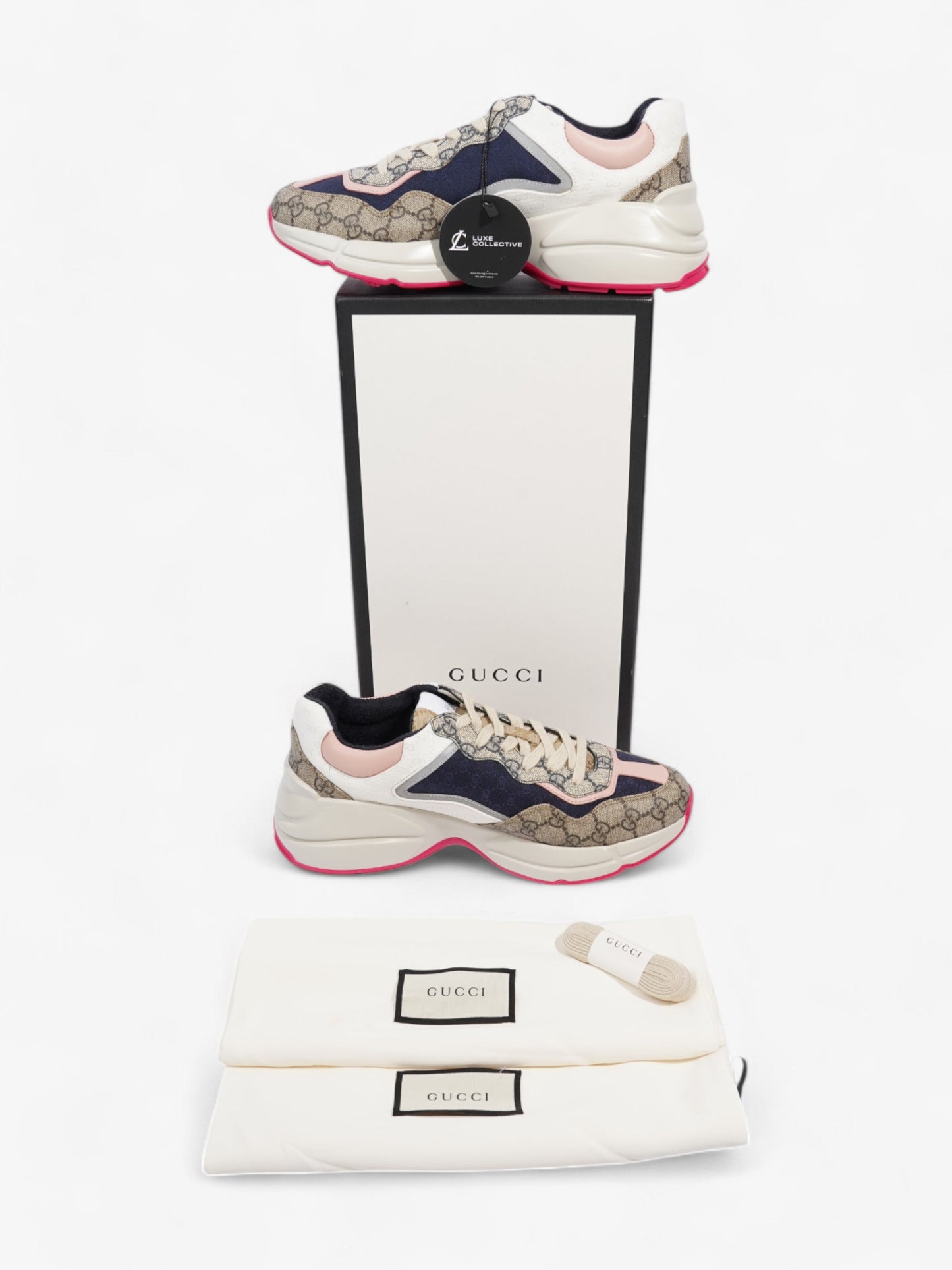 Gucci Rhyton Sneakers Beige  / Navy / Pink Canvas EU 41 UK 7